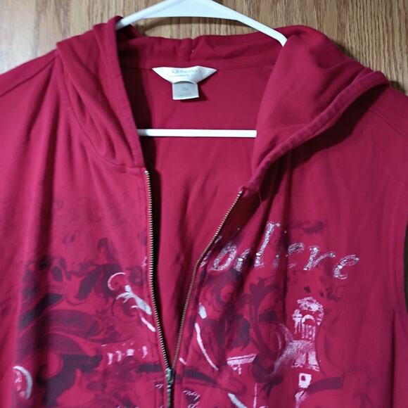 CJ Banks 2X Red Hooded Zip Vest Script Graphic Sleeveless Casual Layering Top - Picture 9 of 10